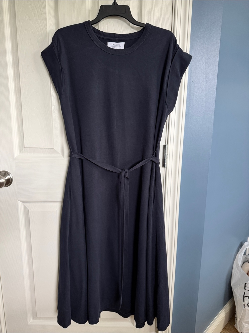 La Ligne Black Tie-Waist Midi Tee Dress